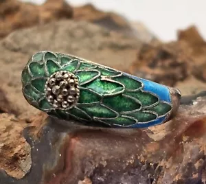Vintage Sterlingsilber Floral Cloisonne Ring Größe 6 grün blau strukturiert verstellbar - Bild 1 von 7