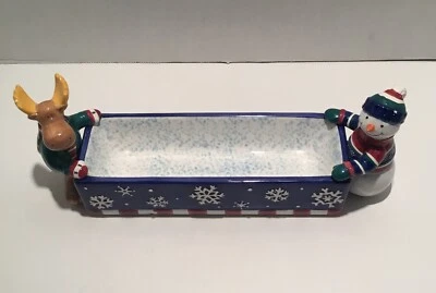 St. Nicholas Square MOOSE & SNOWMAN 13" Treat Tray Cracker Dish Snowflakes 2000 - Image 1 of 3
