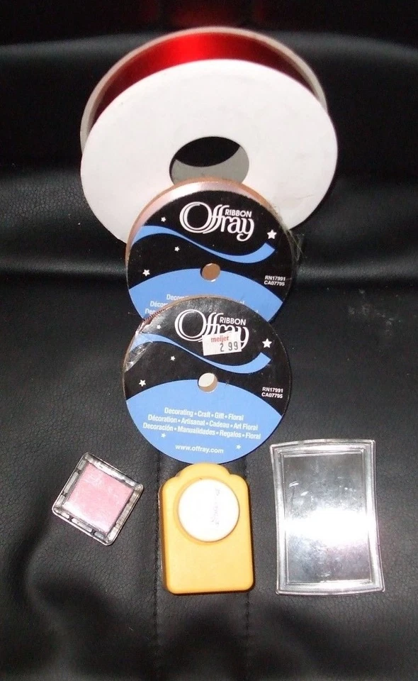 3 ROLLS RED PINK & BROWN RIBBON ORNAMENT STAMP WITH BLACK PINK INK new $48 VALUE - Image 1 of 3