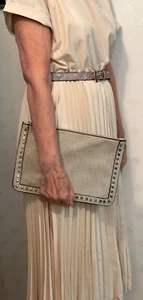SUMMER & ROSE TAN FOLD OVER STUDDED CREAM CLUTCH EXCELLENT CONDITION CLASSIC - Picture 1 of 9