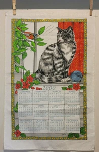 "Toalla vintage calendario Kay Dee año 2000 con gato pájaro y flores rojas 16"" x 25" - Imagen 1 de 3
