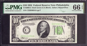 1934 $10 FEDERAL RESERVE NOTE PHILADELPHIA FR.2005-C PMG GEM UNC 66 EPQ - Picture 1 of 3