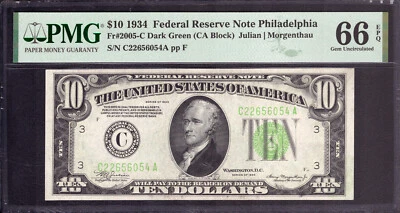 1934 $10 FEDERAL RESERVE NOTE PHILADELPHIA FR.2005-C PMG GEM UNC 66 EPQ - Image 1 of 3