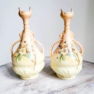 Antique Art Nouveau Amphora Moth Floral Bohemia Ombre Austrian Vase Pair 7" - Picture 1 of 18