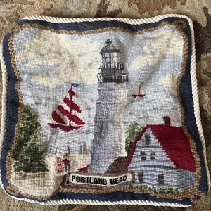 Vtg Needlepoint Throw Pillow Nautical Portland Head Lighthouse Wool 14x14” Cover - Picture 1 of 4