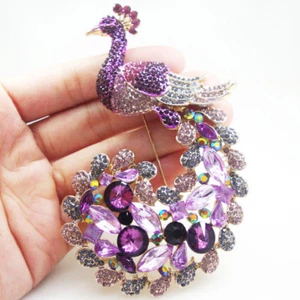 Classic Luxury Peacock Bird Gold Tone Brooch Pin Purple Rhinestone Crystal - Picture 1 of 4