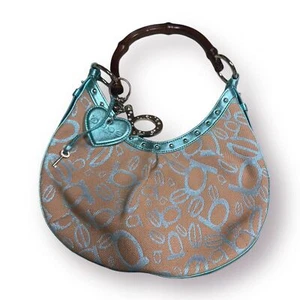 Bebe Y2K Crescent Shoulder Bag Brown/Teal Handbag Bamboo Handle Purse w/ Charms - Imagen 1 de 5