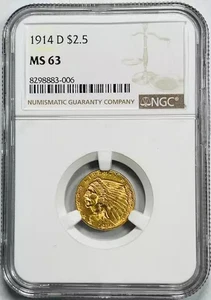 1914 D Gold Quarter Eagles $2 1/2 Indian Head NGC MS-63 - Picture 1 of 2