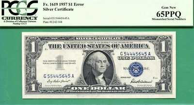 ERROR MISMATCHED & ALMOST BINARY SERIALS - 1957 PLAIN $1 SC - PCGS GEM 65 PPQ - Image 1 of 2
