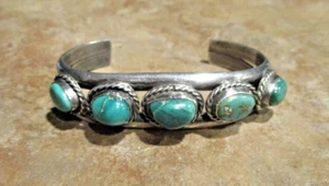 GEM !!! Vintage Navajo Sterling Silver FIVE CARICO LAKE TURQUOISE Bracelet - Picture 1 of 12