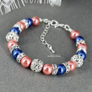 Hecho a mano azul y coral perlas pulsera collar boda novia damas de honor regalos - Imagen 1 de 7