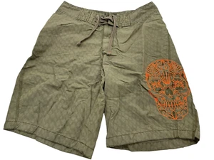 Old Navy Army Green + Orange Embroidered Sugar Skull Board Shorts Mens Sz Small - Picture 1 of 7