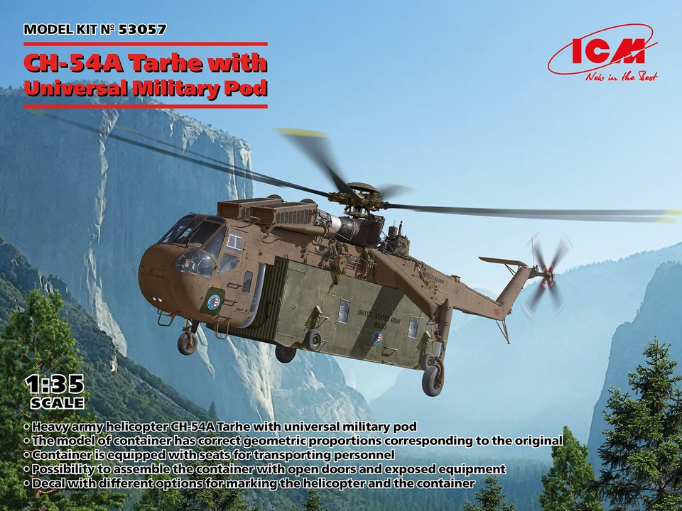 CH-54A Tarhe With Universal Military Pod Helicopter 1:35 Plastic Model Kit ICM - Immagine 1 di 1