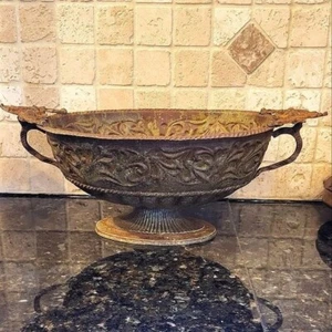 Antique Stamped Metal Ornate Pedestal Bowl W/ Amazing Handles and Patina - Picture 1 of 16