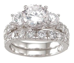 2.28 CT STERLING SILVER ROUND 3 STONE CUBIC ZIRCONIA WEDDING ENGAGEMENT RING SET - Picture 1 of 3