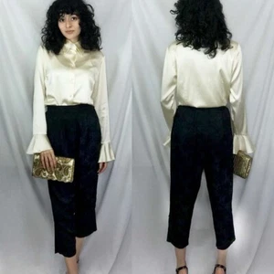 Vintage | Black Floral Silk High Waisted Matador Pants | Size XS - Picture 1 of 2