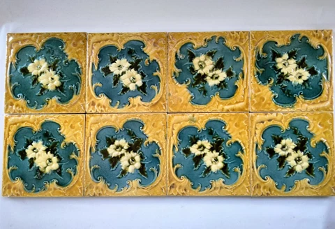 8 Antique Porcelain Art Nouveau 6" Wall Tile Floral Blue Green Marigold England Cover
