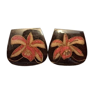 Vintage Clip On Cloisonne Resin Earrings Large Brown Flower  - Bild 1 von 5