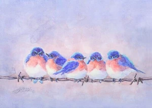 ACEO 5 BLUEBIRDS on a WIRE by Sharon Sharpe!!! - Picture 1 of 1