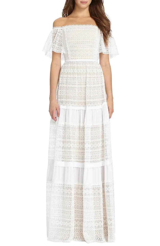 MONIQUE LHUILLIER ML White Nude Tiered Off Shoulder Lace A-Line Maxi Gown 14 US - Image 1 of 4