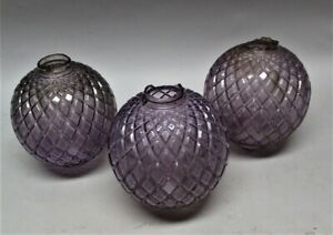 Fine Antique Set of 3 Antique Purple Art Glass Lightning Rod Ball Globes