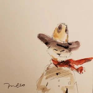 JOSE TRUJILLO Watercolor Painting Collectible ORIGINAL Cat Cowboy Signed coa - Picture 1 of 8