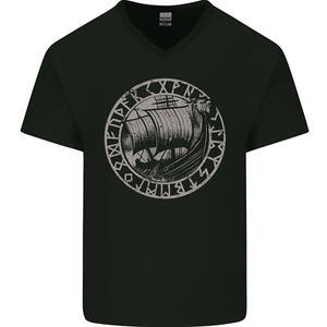 Viking Ship With Norse Text Mens V-Neck Cotton T-Shirt - Picture 1 of 3