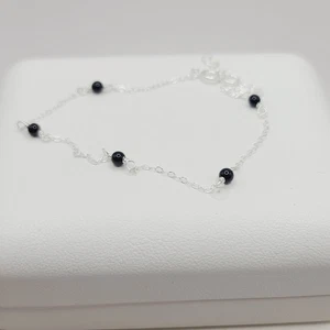 Sterling Silver Station Onyx Bead Anklet - extends to 10 inch - Picture 1 of 8