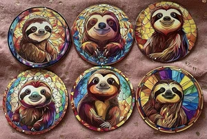 Sloth Round Drinks Coaster Gift Wood Stained Glass Print Design Home Set Of 6 - Picture 1 of 7