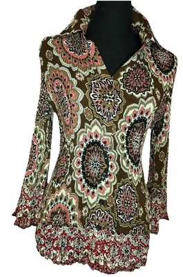 Firma Larry Levine Mujer Años 70 Boho Acordeán Plisado Top Multicolor Talla L Foto 1 de 4