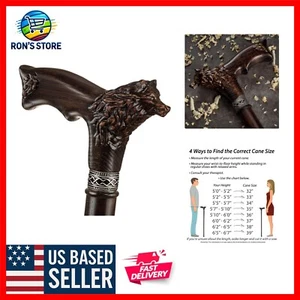 Unique 35-Inch Hardwood Oak Walking Cane with Wolf Head - Fashion and Function - Picture 1 of 9