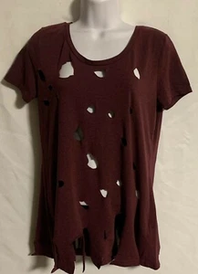 Divided by H & M Distressed Cut Up Maroon Short Sleeve Scoop Neck Tee Size Large - Picture 1 of 4