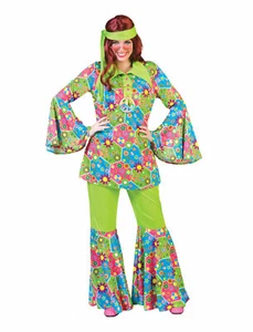 60's-70's Ladies Hippie Pantsuit 3Pc Gr/Neon Peace/Flower Print Pants Top & Sash - Picture 1 of 1