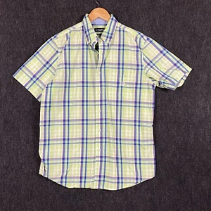 Chaps Mens Medium Short Sleeve Button Down Shirt Lime Green Blue Plaid Crest - Picture 1 of 12