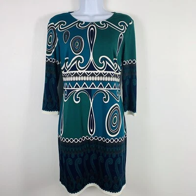 Vestido Ali Ro Mujer Talla 2 Azul Verde Geométrico Manga Larga Ligero Elastizado Foto 1 de 4