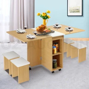 Dining Table and Chair 5 Piece Multifunctional Foldable Wood Furniture White&Oak - Picture 1 of 11