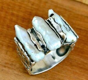 Natural Biwa Pearl Gemstone Handmade 925 Sterling Silver Designer Ring