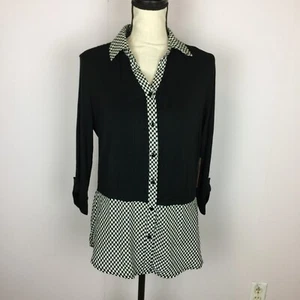 NWT FYLO Shirt Blouse Sz S Womans Black White Gingham 3/4 Roll Tab Sleeve Button - Picture 1 of 16