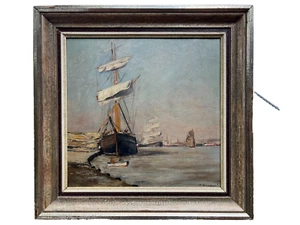 Ölgemälde A. Essfeld 1874-1939 Hafen Schiff Segel Boot Meer See Maritim Brandung - Bild 1 von 7