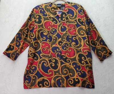 Blusa Top Diane Gilman Para Mujer Grande Multi Seda Manga Larga Cuello en V Botón Delantero Foto 1 de 4