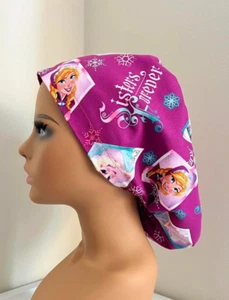 New Scrub Hat Ladies Euro Bonnet Bouffant - Pink Princess Frozen - Nurse Medical - Picture 1 of 4