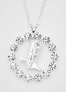 NEW! NECKLACE Silver Cowboy Boot inside Rhinestone Circle on Chain - Picture 1 of 2