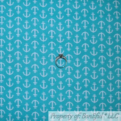 BonEful FABRIC FQ Cotton Quilt Mint Green Aqua Teal Blue White ANCHOR Sea Water - Image 1 of 4