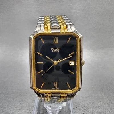 Seiko Pulsar Tank Watch Men 26mm Black Dial Two Tone Date V722-X104 New Battery - Image 1 of 4