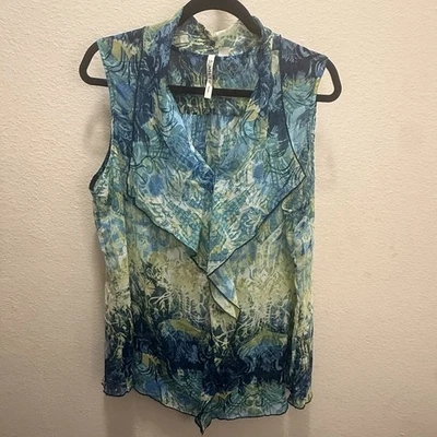 Sunset Rd. Women's Top Size XL aqua Blue/ Green Chiffon Ruffle V Neck floral  - Image 1 of 4