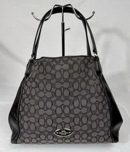 ๐๐๐COACH EDIE SIGNATURE Shoulder Purse Black GRAY 3 Compartments Jacquard - Picture 1 of 21