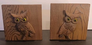VTG Otagiri Wooden Hand Carved Owl Bookends Glass Eyes Retro Japan MCM Book Ends - Picture 1 of 11