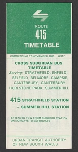 VINTAGE ROUTE 415 STRATHFIELD STATION - SUMMER HILL SYDNEY BUS TIMETABLE 1985 - Bild 1 von 1