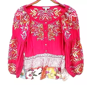 Size XS John Mark Fuchsia Floral Embroidered 3/4 Sleeve Blouse Baby Doll Boho - Picture 1 of 11