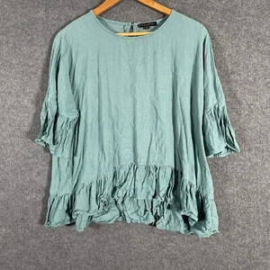 Caroline Morgan Top Womens 14 Green Blouse Linen Ruffles Coastal Beach Flowy 8O - Picture 1 of 10